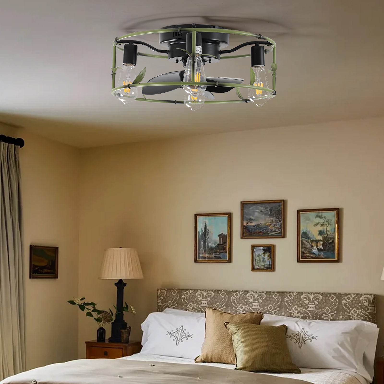 Modern Green Iron Ceiling Fan with Bamboo - Inspired Design - evoltleds
