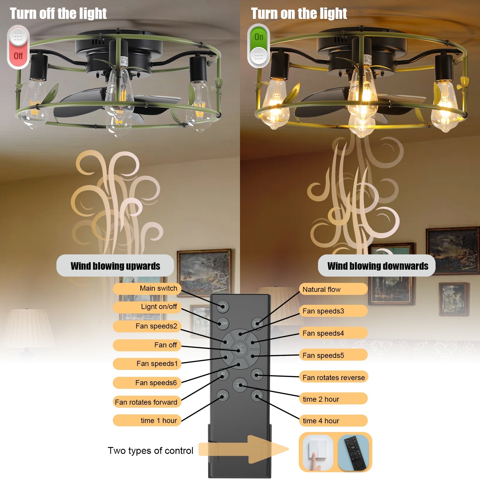 Modern Green Iron Ceiling Fan with Bamboo - Inspired Design - evoltleds