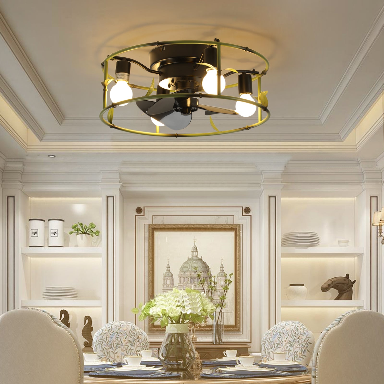 Modern Green Iron Ceiling Fan with Bamboo - Inspired Design - evoltleds