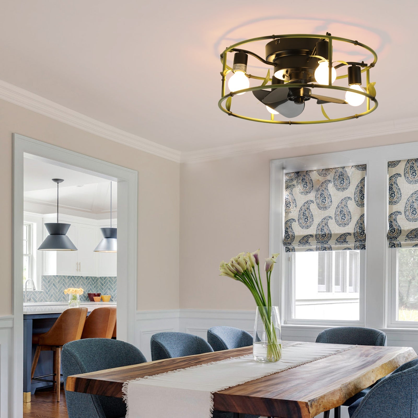 Modern Green Iron Ceiling Fan with Bamboo - Inspired Design - evoltleds