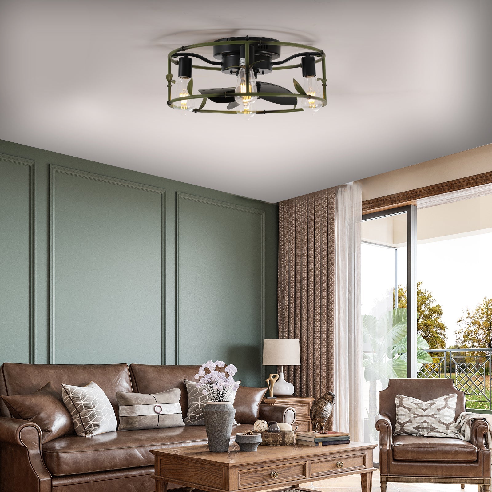 Modern Green Iron Ceiling Fan with Bamboo - Inspired Design - evoltleds