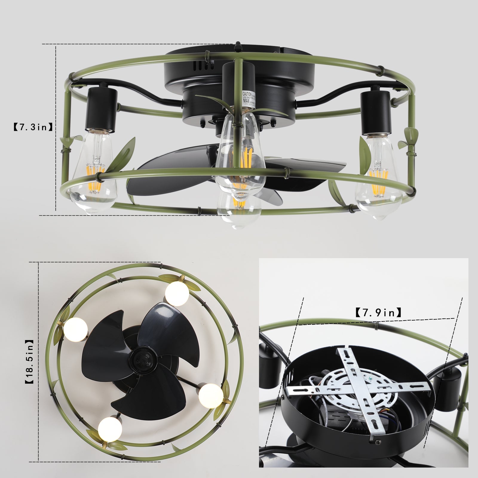 Modern Green Iron Ceiling Fan with Bamboo - Inspired Design - evoltleds