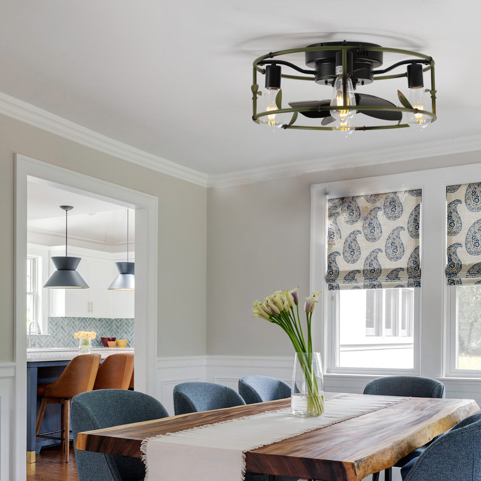 Modern Green Iron Ceiling Fan with Bamboo - Inspired Design - evoltleds