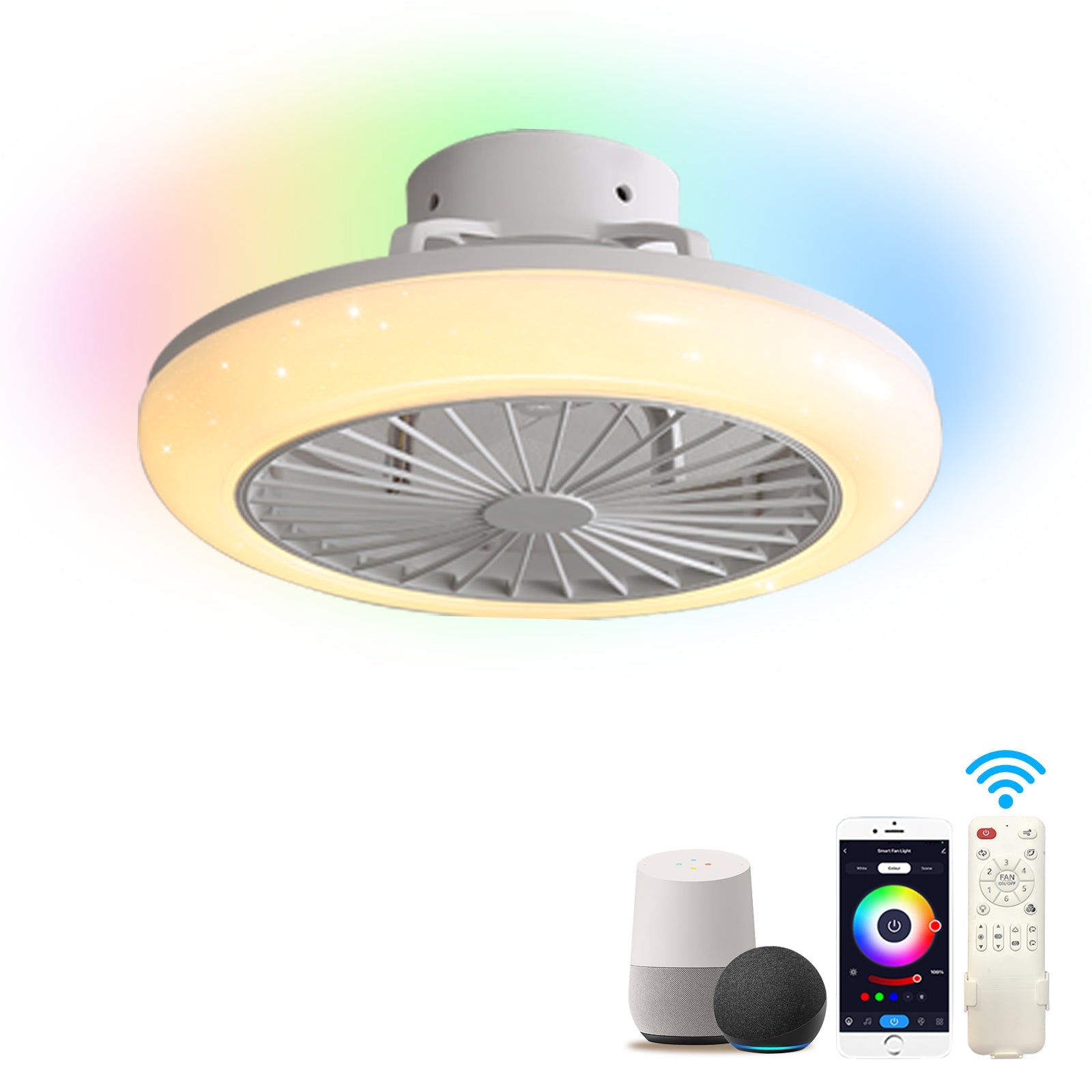 Modern White Iron and Plastic Ceiling Fan with Smart Control and RGB Lighting - evoltleds