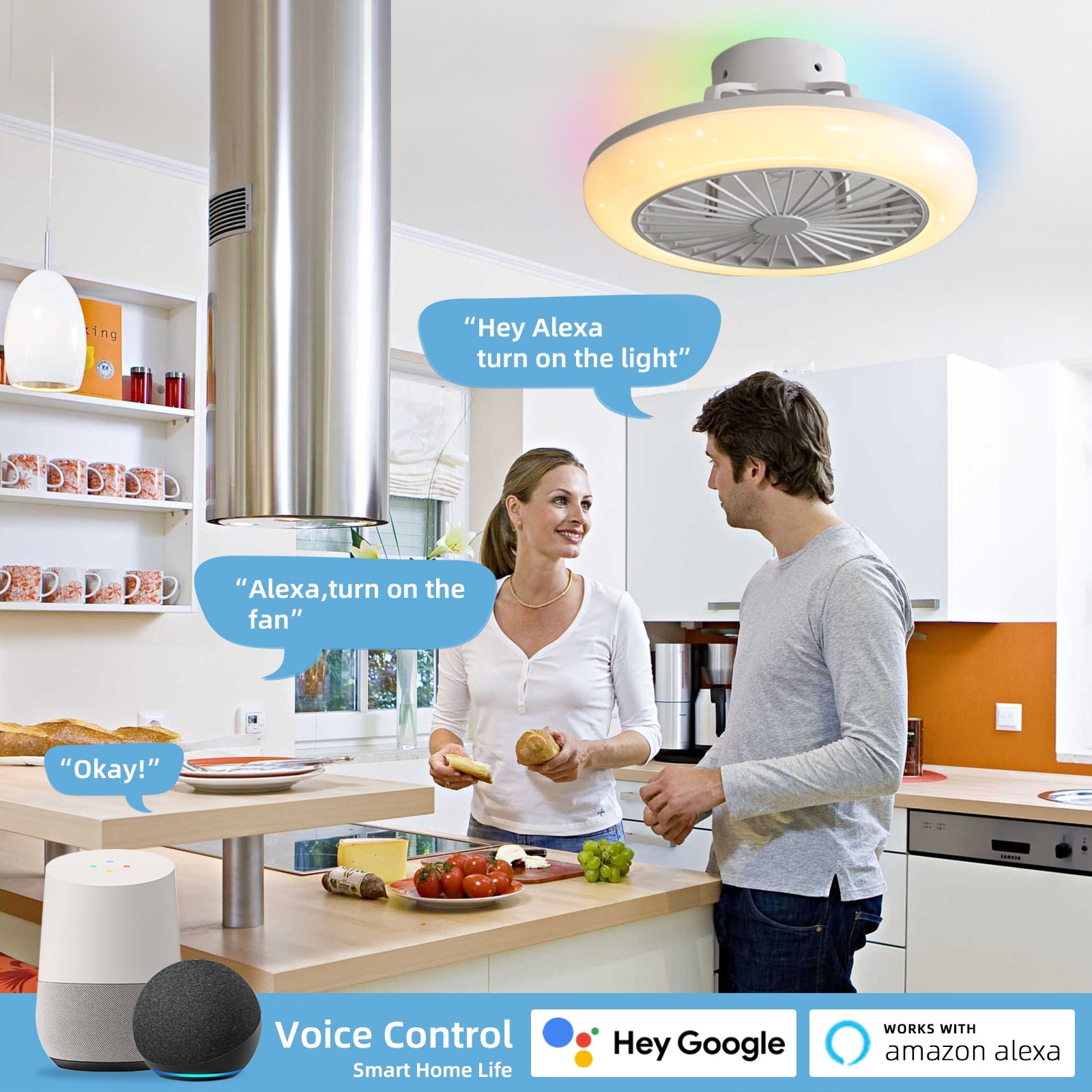 Modern White Iron and Plastic Ceiling Fan with Smart Control and RGB Lighting - evoltleds