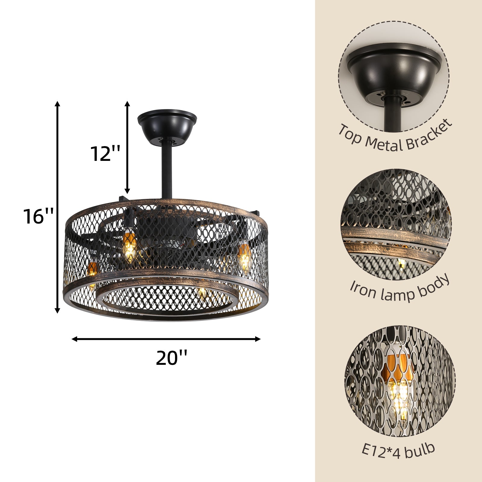 Retro Black Iron Ceiling Fan with Remote & APP Control - evoltleds