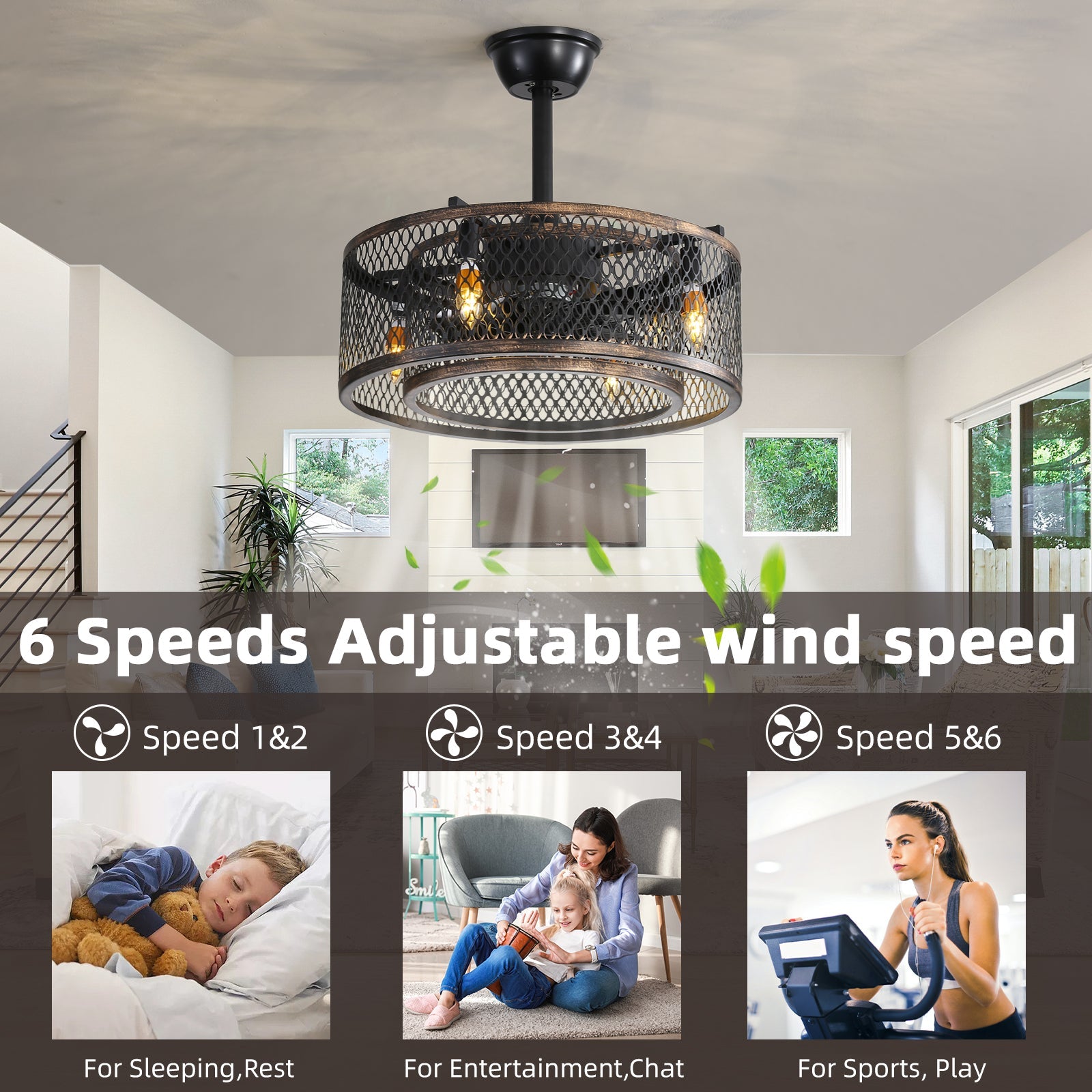 Retro Black Iron Ceiling Fan with Remote & APP Control - evoltleds