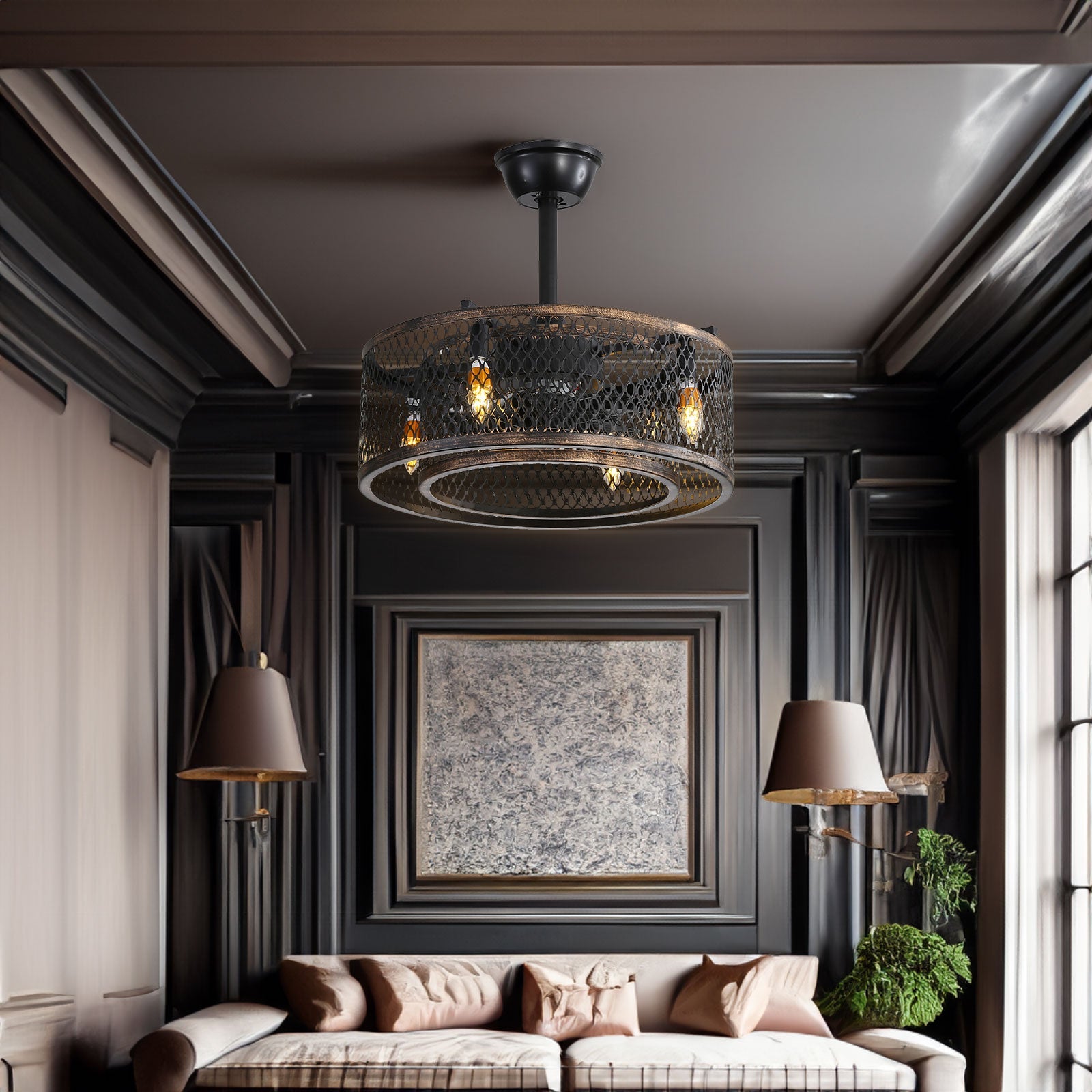 Retro Black Iron Ceiling Fan with Remote & APP Control - evoltleds